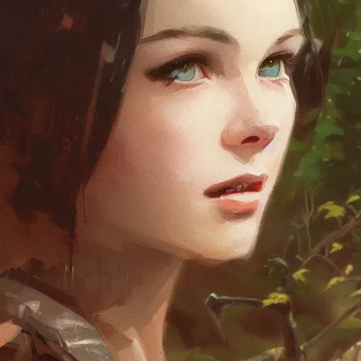 Prompt: closeup portrait of a young vivian leigh, forest background, megacity, gorgeous view, depth, high detail, digital art, painted by greg rutkowski, trending on artstation