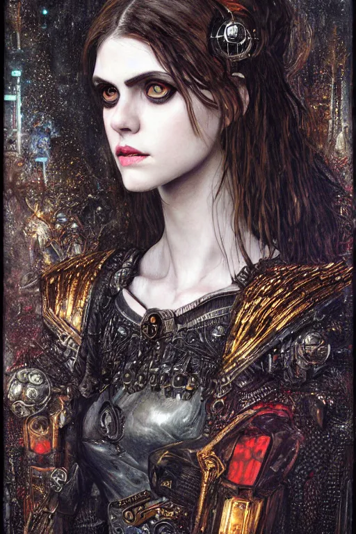 Image similar to portrait of beautiful gothic Alexandra Daddario, cyberpunk, Warhammer, highly detailed, artstation, illustration, art by Gustav Klimt