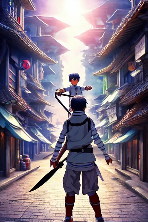 Image similar to ultra detailed keyart of sci - fy movie, a boy carrying a sword in his back is riding a simple bycycle in the main street of isekai shinjuku