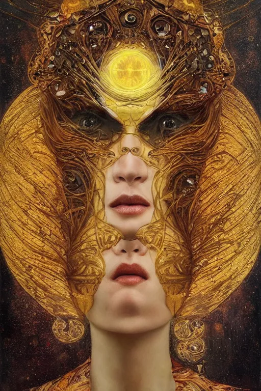 Image similar to Intermittent Chance of Chaos Muse by Karol Bak, Jean Deville, Gustav Klimt, and Vincent Van Gogh, beautiful surreal face portrait, enigma, destiny, fate, inspiration, muse, otherworldly, fractal structures, arcane, ornate gilded medieval icon, third eye, spirals