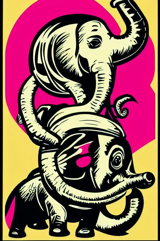 Prompt: happy elephant, 7 6 retro futurist illustration art by butcher billy, sticker, colorful, illustration, highly detailed, simple, smooth and clean vector curves, no jagged lines, vector art, smooth andy warhol style