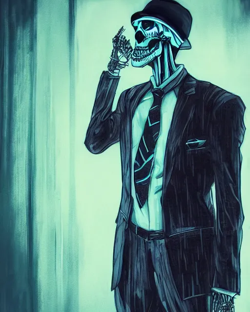 Image similar to dramatic cyberpunk portrait of a skeleton in a suit, color glow, intense shading