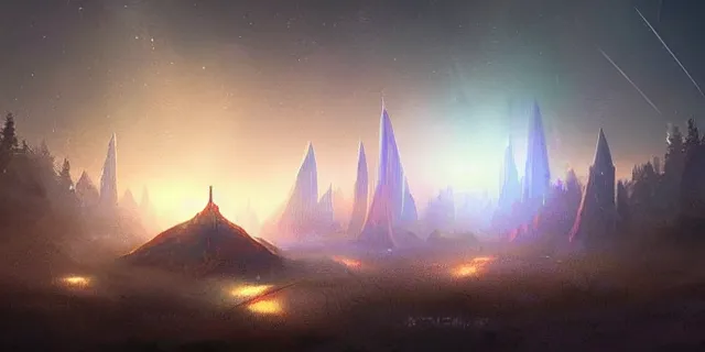 Image similar to a beautiful network of glowing futuristic cubes appears in the sky above a fantasy landscape, atmospheric lighting, intricate, volumetric lighting, beautiful, sharp focus, ultra detailed, in the art style of bowater charlie, brom gerald, astrophotography