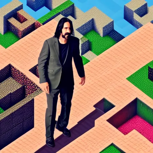Prompt: Keanu Reeves in style of Minecraft plays Minecraft, screenshot from Minecraft