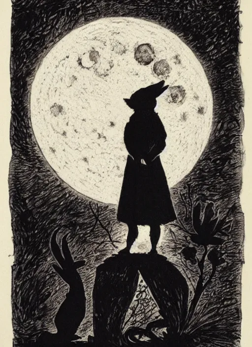 Prompt: silhouette howling at the moon, illustrated by peggy fortnum and beatrix potter and sir john tenniel