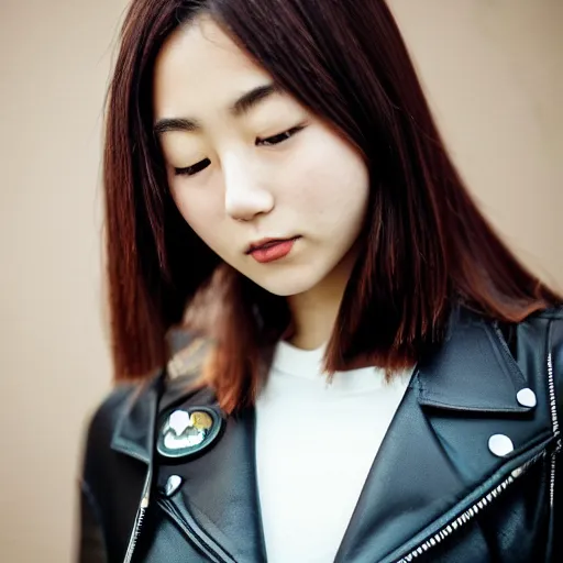 Prompt: a perfect HD photo of close-up japanese young woman wearing leather jacket, instagram, behance, kodak portra