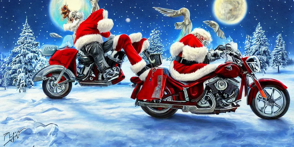 Prompt: santa riding a harley at the north pole, airbrush art