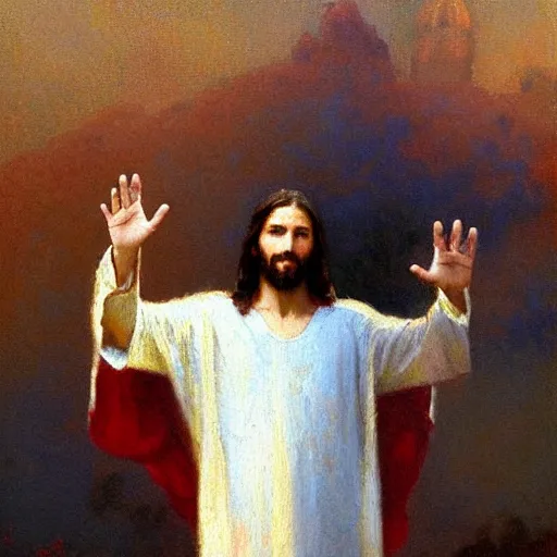 Prompt: Jesus doing the crip hand sign, painting by Gaston Bussiere, Craig Mullins