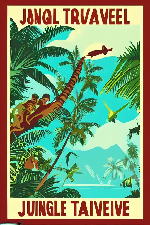 Prompt: vintage poster, jungle travel adventure, illustration, vector art, retro