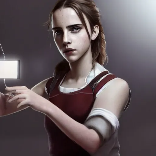 Prompt: a girl who is a mix of emma watson and scarlett johansson and nathalie portman, using a device to connect herself to a computer through an usb cable and a port in her arm, cables, it, very detailled, by david rutkowski and artgem