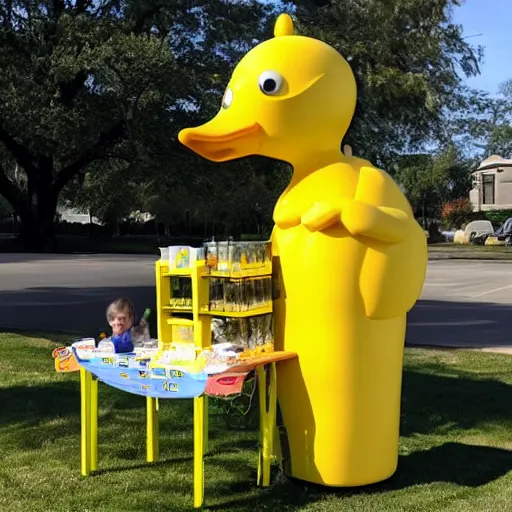 Image similar to a yellow human sized duck standing next to a children's lemonade stand