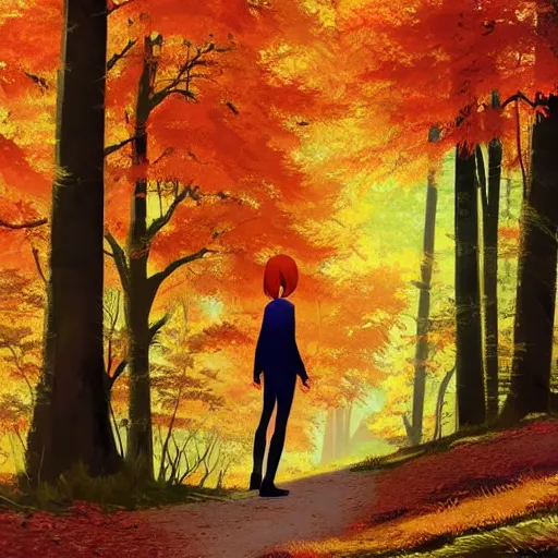 Image similar to a beautiful young woman with red hair hiking through an autumnal forest, clean cel shaded vector art. shutterstock. behance hd by lois van baarle, artgerm, helen huang, by makoto shinkai and ilya kuvshinov, rossdraws, illustration, art by ilya kuvshinov