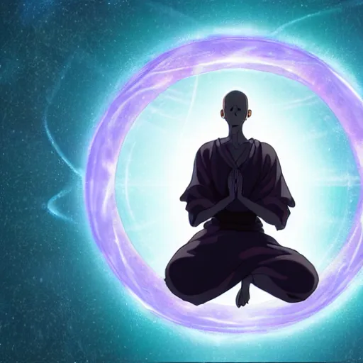 Image similar to illustration of a levitating monk meditating within the centre of a peaceful swirling atom orbited by electrons, studio ghibli, ultra hd