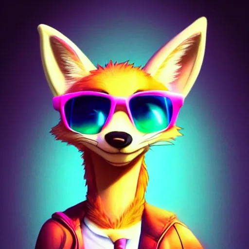 Prompt: fennec fox, neon pink, palm trees, furry, cute, smug facial expression, disney zootopia, zootopia, concept art, aviator sunglasses, smug expression, synthwave style, artstation, detailed, award winning, dramatic lighting, miami vice