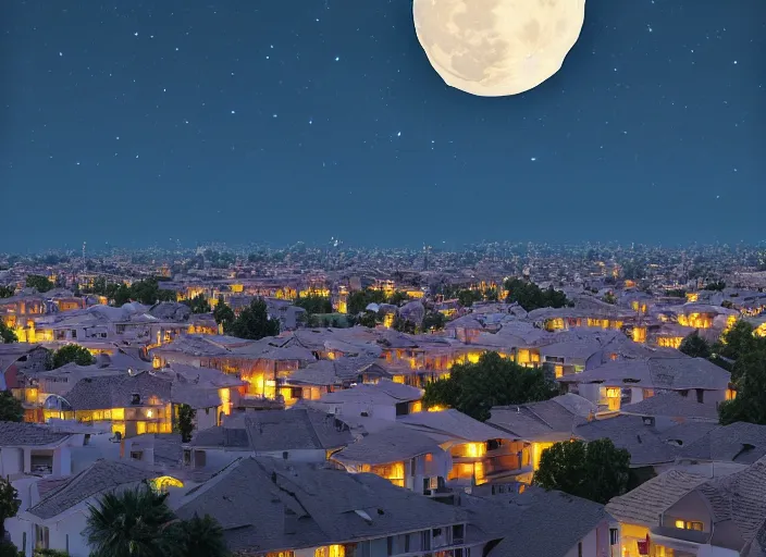 Image similar to thousands of big moons, focus on the sky. thousands of houses in the city, hyperrealism, no blur, 4 k resolution, ultra detailed