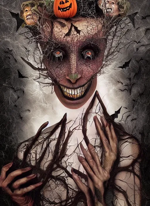 Prompt: halloween witch theme surrealist art in the styles of igor morski, jim warren, and a tim burton film, intricate, hyperrealistic, accurate facial details, volumetric lighting