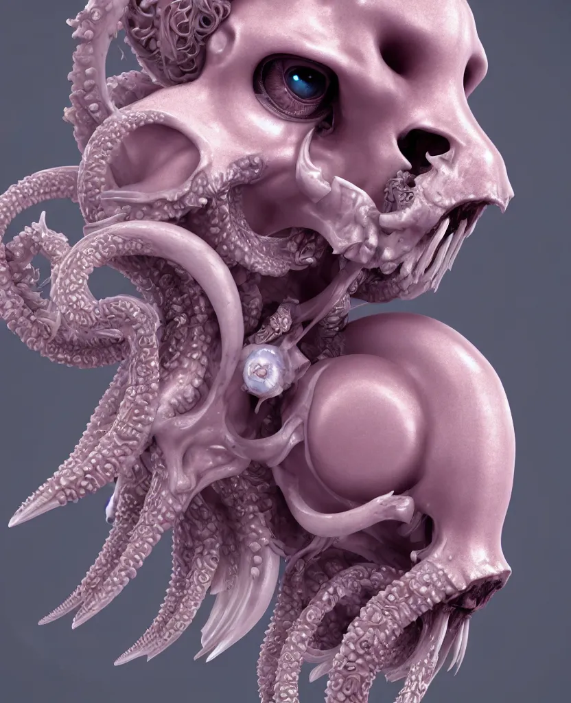 Image similar to goddess princess face close-up portrait ram skull. hard surface modelling zbrush and octane render. jellyfish phoenix head, nautilus, orchid, skull, betta fish, bioluminiscent creatures, intricate artwork by Tooth Wu and wlop and beeple. octane render, trending on artstation, greg rutkowski very coherent symmetrical artwork. cinematic, hyper realism, high detail, octane render, 8k