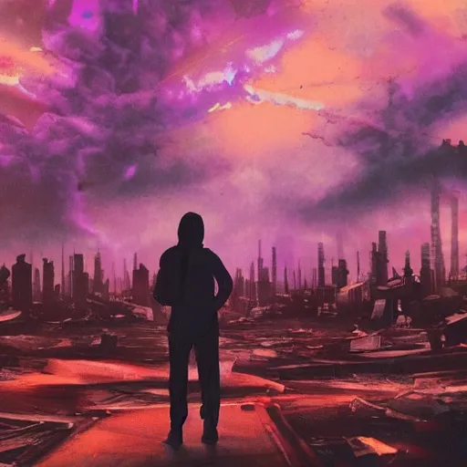 Prompt: a person watching the end of the world, red-purple gradient map, dystopian city, debris, dramatic painting