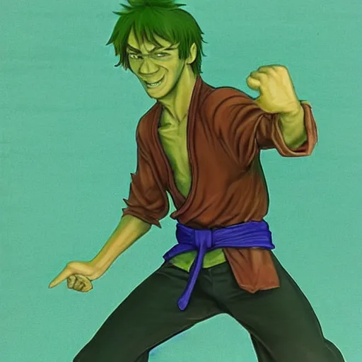 Prompt: Shaggy Rogers in a martial arts stance in the style of Jean Giraud trending on artstation deviantart Pinterest detailed realistic High Resolution HD 8k