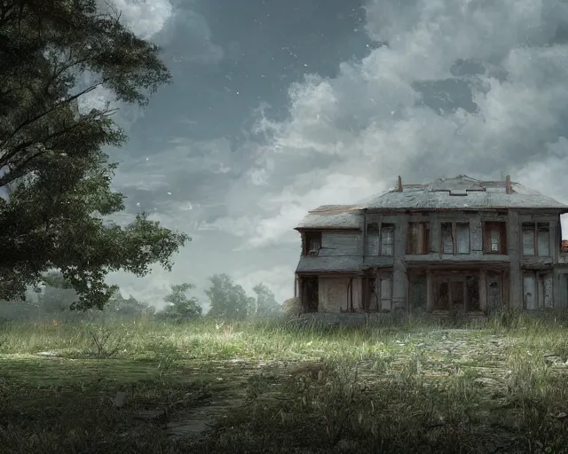 Prompt: matte painting of abandoned house by makoto shinkai