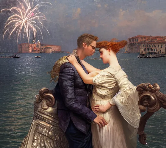 Image similar to photography of a 1 8 th couple in venice with fireworks, deep focus, intricate, elegant, highly detailed, digital painting, artstation, concept art, matte, sharp focus, illustration, art by artgerm and greg rutkowski and alphonse mucha and gil elvgren