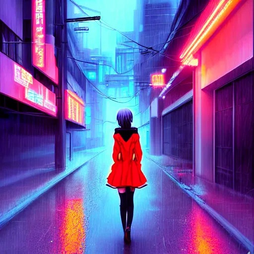 Image similar to digital art , anime girl walking into the streets of a cyberpunk city at night, rain, mist, by studio manglobe, by dao trong le