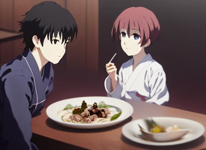 Prompt: a film still portrait of a plate with japanese food yakitori, finely detailed features, closeup at the food, perfect art, at a dinner table, gapmoe yandere grimdark, trending on pixiv fanbox, painted by greg rutkowski makoto shinkai takashi takeuchi studio ghibli, akihiko yoshida