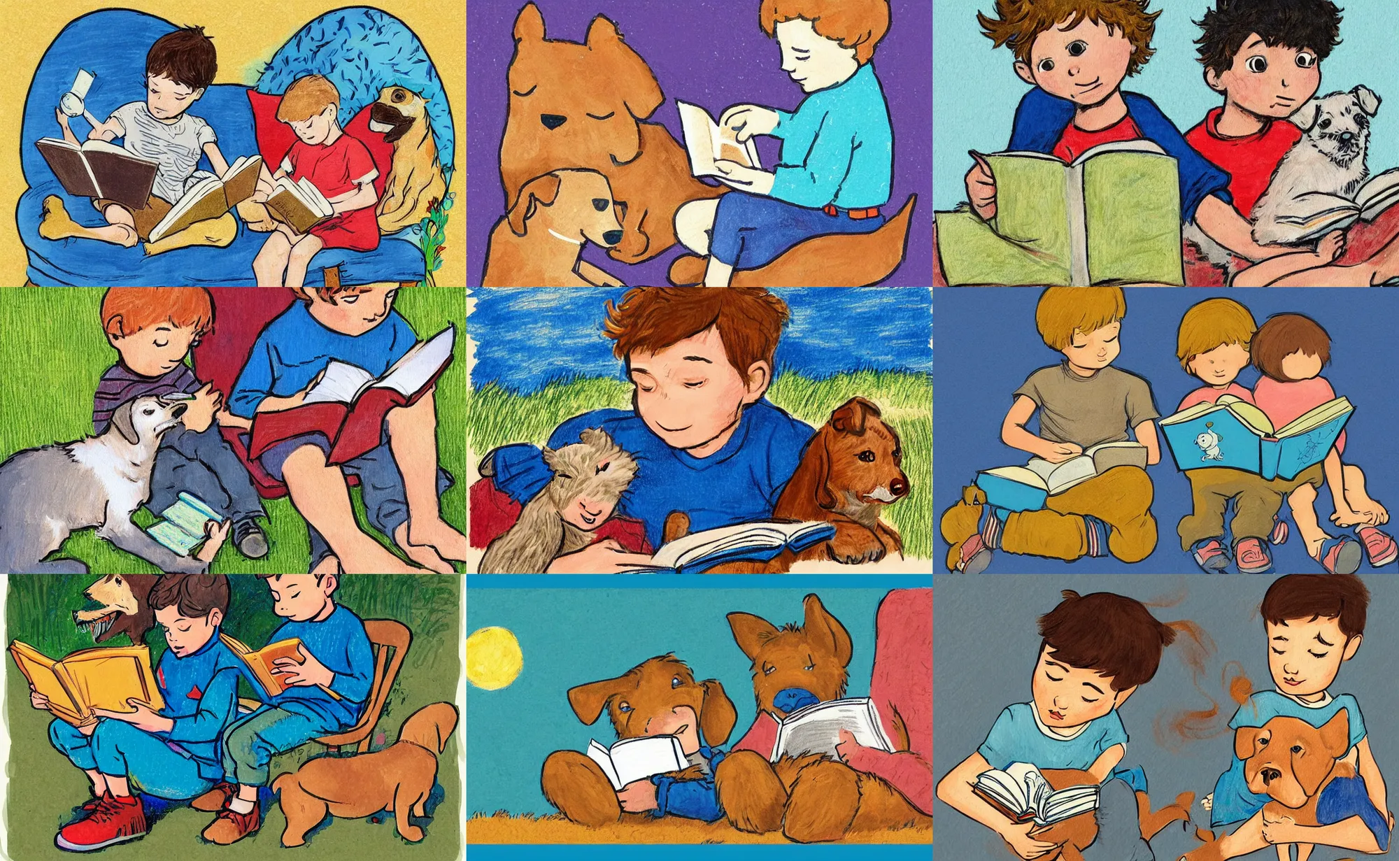 Prompt: children illustration of boy with dog reading a book. beatrice blue, julia sarda, loish. classic, retro, guache, crayons, traditional. artstation. behance. intricate.