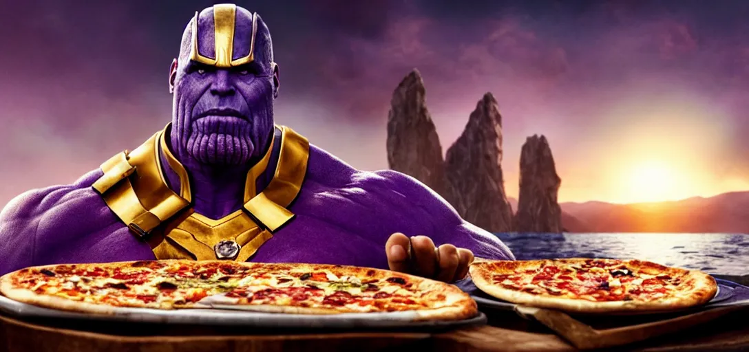 Image similar to a very high resolution image from a new movie. thanos eating pizza on a lake, photorealistic, photography, directed by wes anderson