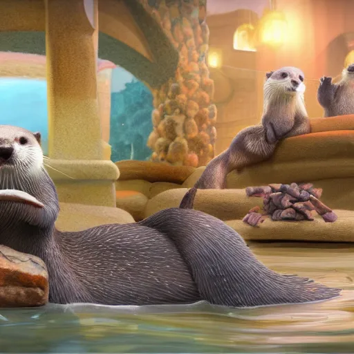 Prompt: character set, concept art, otters playing, 3 d render, pixar, dreamworks,