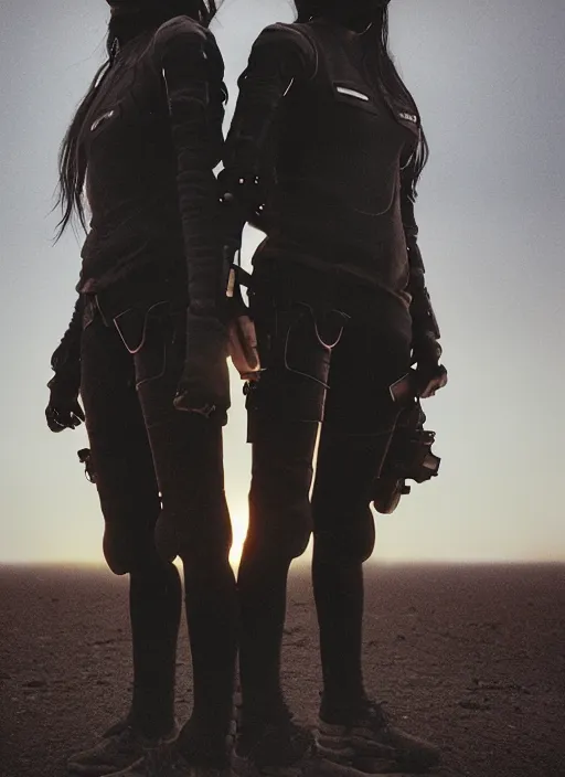 Image similar to cinestill 5 0 d photographic portrait of two loving female androids wearing rugged black techwear on a desolate plain with a red sky, standing in front of a brutalist structure, extreme closeup, cyberpunk style, dust storm, 8 k, hd, high resolution, 3 5 mm, f / 3 2, ultra realistic faces, ex machina