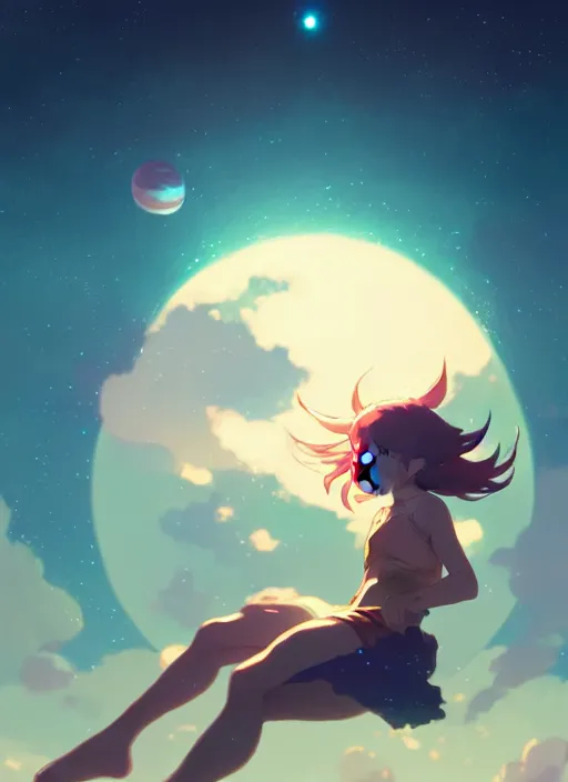Image similar to girl floating on the night sky, gaint planet in the background, illustration concept art anime key visual trending pixiv fanbox by wlop and greg rutkowski and makoto shinkai and studio ghibli