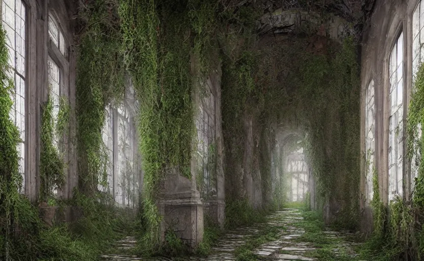 Image similar to Overgrown hallway, immaculate scale, matte painting, digital art, trending on Artstation, hyper-realistic, detailed, ultra detailed