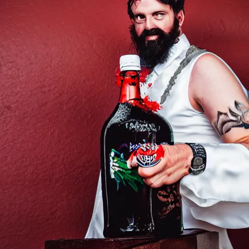 Image similar to evil bearded man in wedding dress attacking with a bottle of sriracha