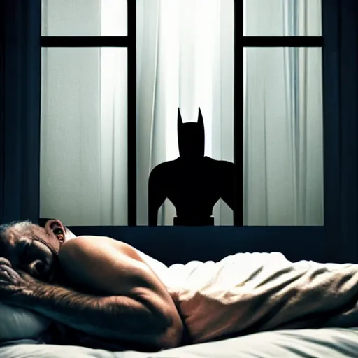 Image similar to man sleeping in bed with batman lurking menacingly in the window