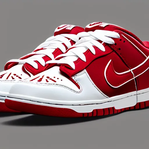 Image similar to a press photograph of nike dunk low red and white, size 1 0, white background