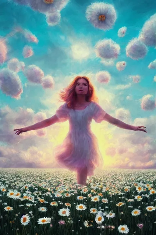 Prompt: giant white daisy flower as head, body girl dancing in a flower field, surreal photography, sunrise, dramatic light, impressionist painting, colorful clouds, digital painting, artstation, simon stalenhag