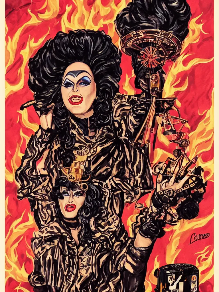 Image similar to propaganda poster for a glam rock star drag queen, fire theme, clockwork steampunk theme, concert poster