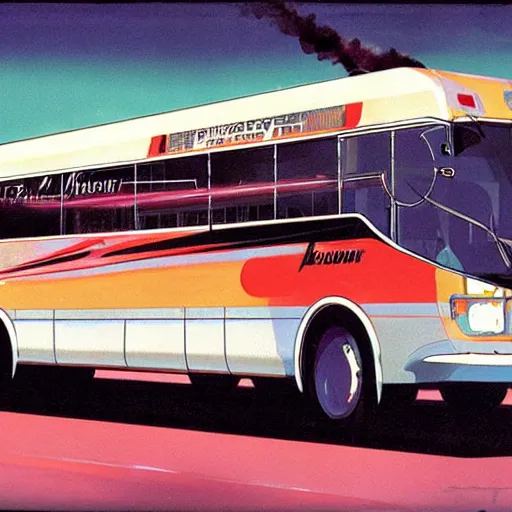 Image similar to concept art for bus with flamethrower, painted by syd mead, high quality