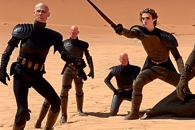 Prompt: establishing shot of dagger-fight between bald_hairless_Austin_Butler_as_Feyd-Rautha_Harkonnen and Timothee_Chalamet_as_Paul_Atreides, in an arena fight-pit, film still from movie Dune-2021, golden ratio