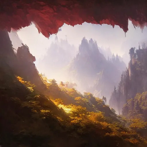 Prompt: forested mountain range with a few deep valleys and lots of caves, mysterious atmospheric lighting, painted, intricate, volumetric lighting, rich deep colours masterpiece, sharp focus, ultra detailed, by ruan jia and greg rutkowski