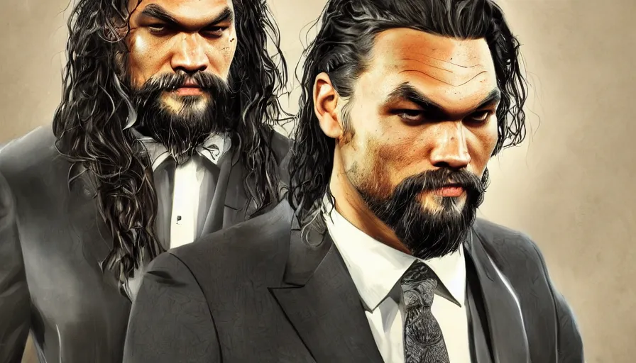 Image similar to Jason Momoa is a 30's gangster in suit and tie, hyperdetailed, artstation, cgsociety, 8k