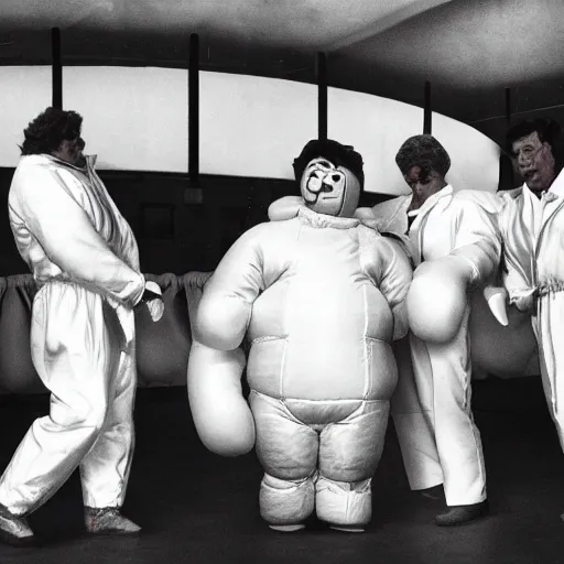 Prompt: columbo and the michelin man are standing in a boxing ring, realistic, photography, bokeh effect