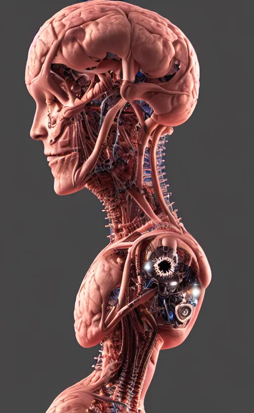 Prompt: 3D render of a beautiful profile face portrait of a female cyborg, 150 mm, flowers, Mandelbrot fractal, anatomical, flesh, facial muscles, veins, arteries, full frame, microscopic, elegant, highly detailed, flesh ornate, elegant, high fashion, rim light, ray trace, octane render in the style of H.R. Giger