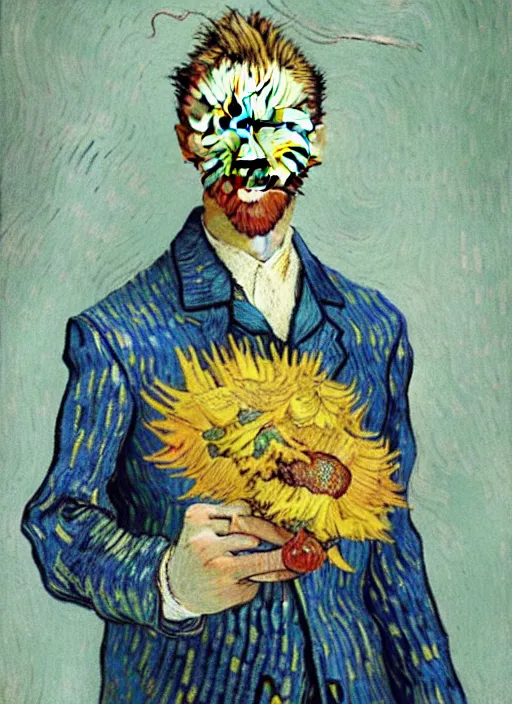 Image similar to hyper realistic vincent van gogh holding a flower drawn by chiara bautista and norman rockwell and greg rutkowski weta studio, and lucasfilm