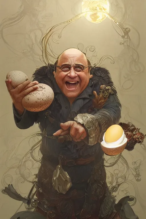 Prompt: danny devito the conqueror and offerer of eggs, fantasy, intricate, elegant, highly detailed, digital painting, artstation, concept art, sharp focus, illustration, art by artgerm and greg rutkowski and alphonse mucha