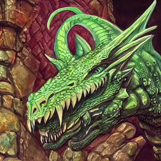 Prompt: fairy tale, painting, large green dragon, dnd, inside a castle, realistic, dungeons and dragons, detailed,