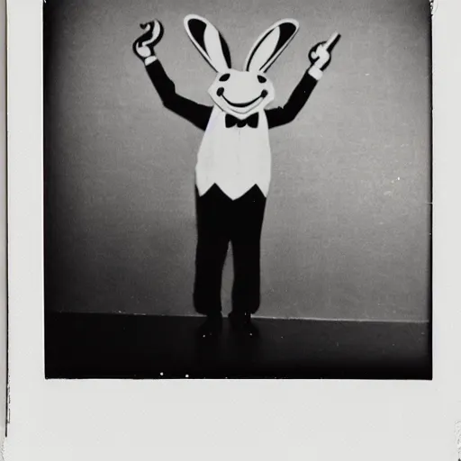 Image similar to a polaroid photography of roger rabbit doing drugs, black and white, blurry, secret photo