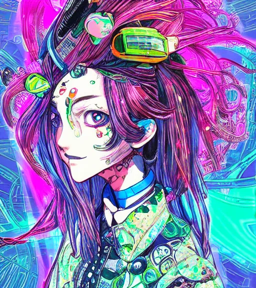 Prompt: very beautiful portrait painting of a glitchpunk magical girl in a blend of manga - style art, augmented with vibrant composition and color, all filtered through a cybernetic lens, by hiroyuki mitsume - takahashi