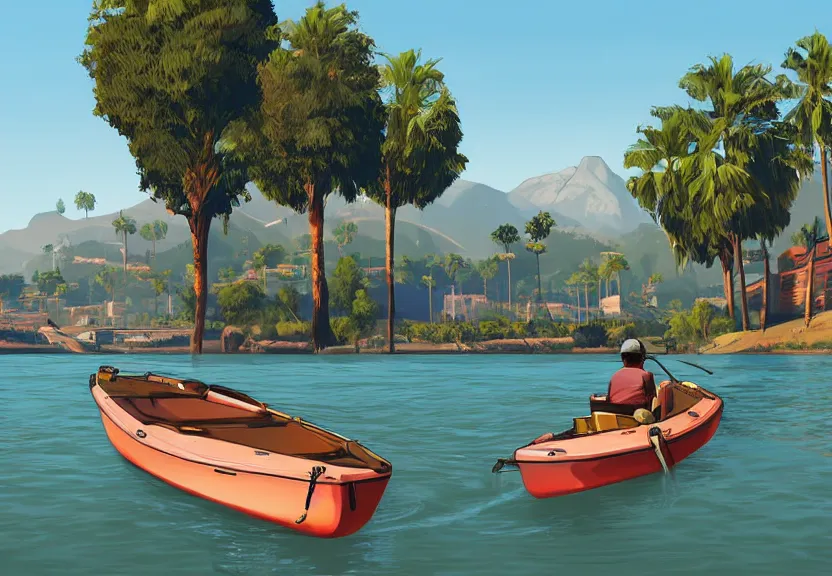 Image similar to A Grand Theft Auto 5 cover style illustration, extremely detailed featuring a river in Europe, surrounded by trees and fields. A dinghy is slowly moving through the water. Sun is shining.